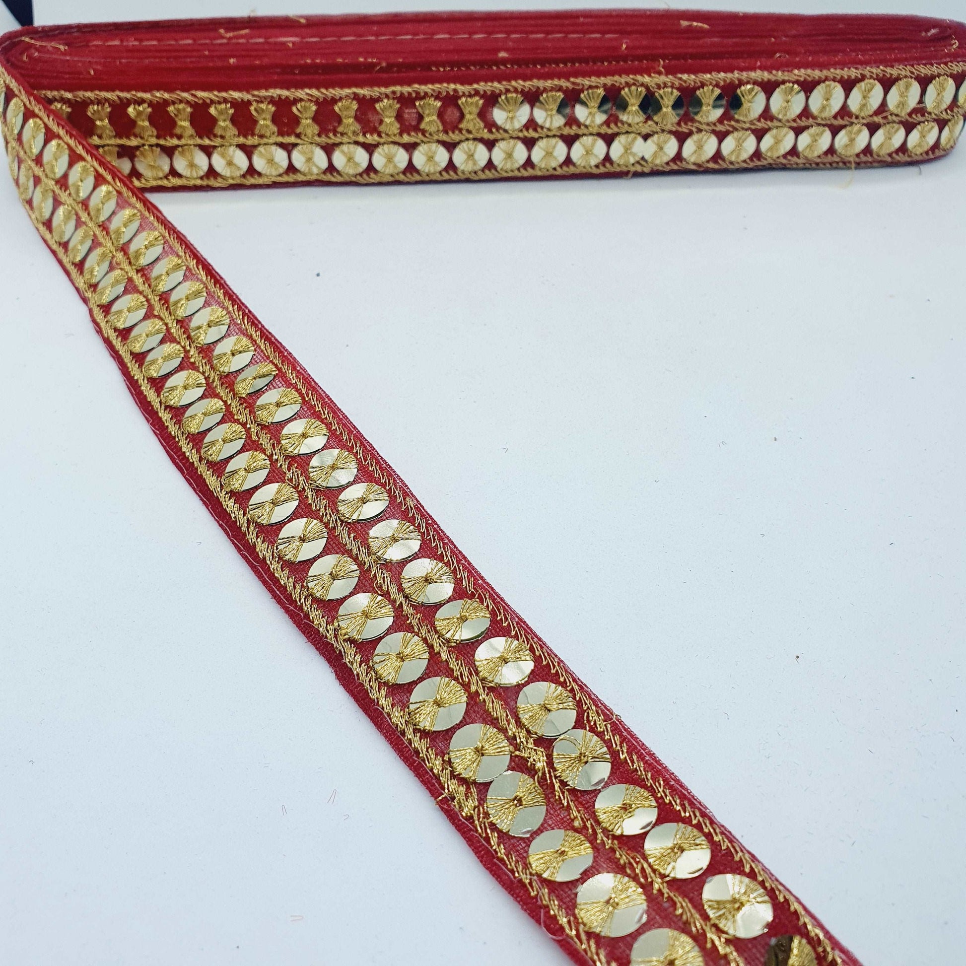 1m wine gold sequin embroidered taffeta Indian ribbon 30mm