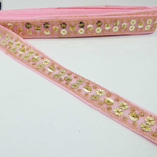 1m candy pink gold sequin embroidered taffeta Indian ribbon 30mm