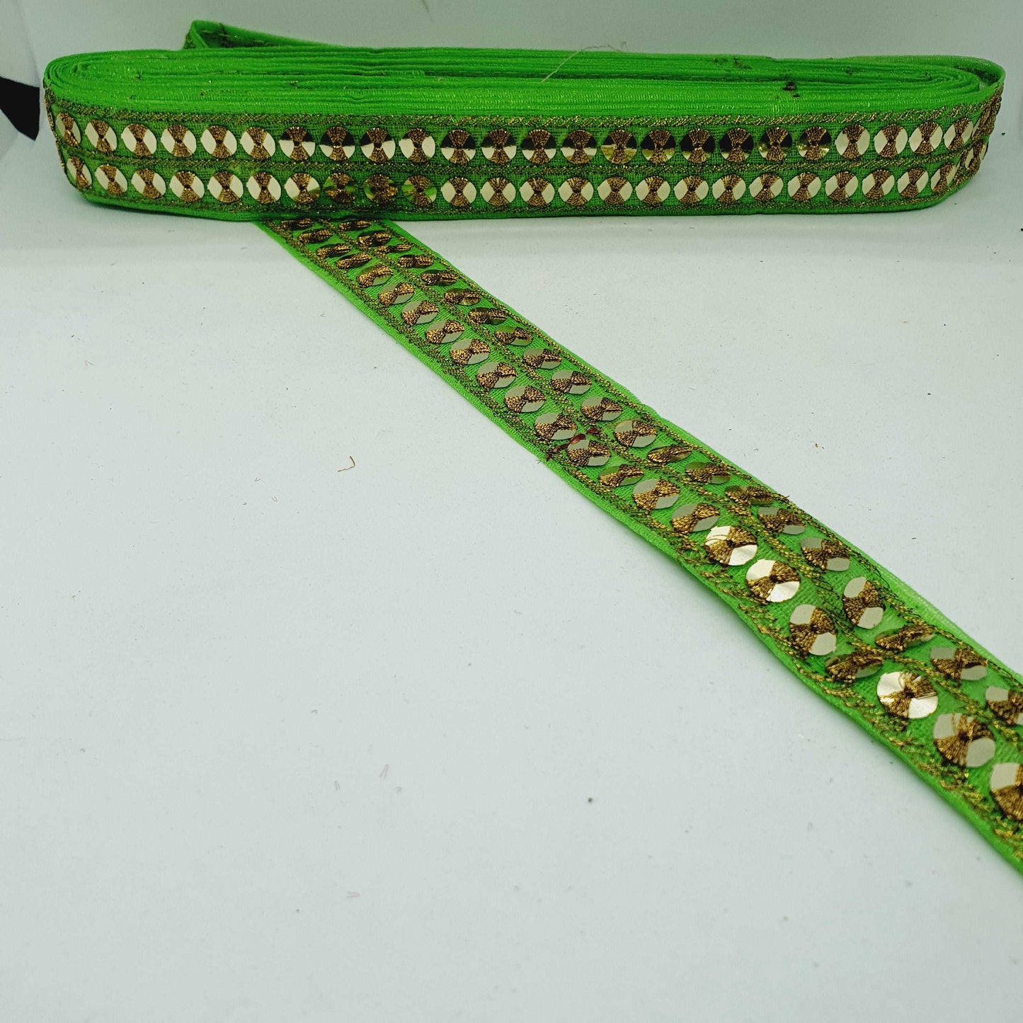 1m lime green gold sequin embroidered taffeta Indian ribbon 30mm