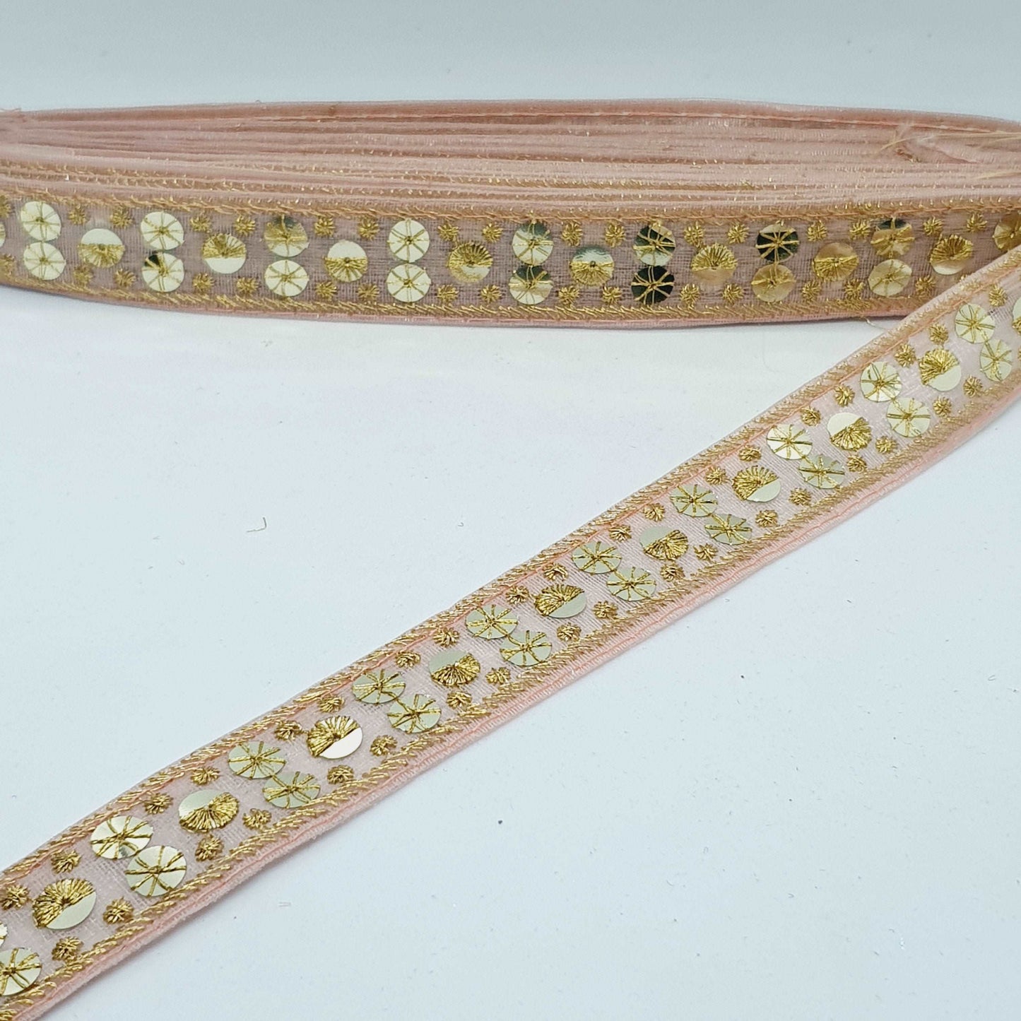 1m peach pink gold sequin embroidered taffeta Indian ribbon 30mm