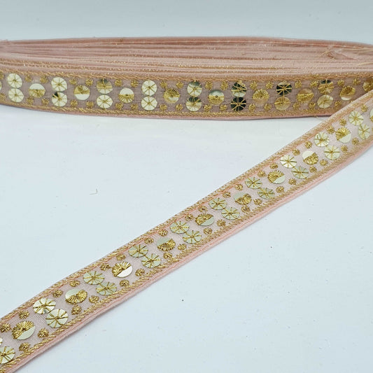 1m peach pink gold sequin embroidered taffeta Indian ribbon 30mm