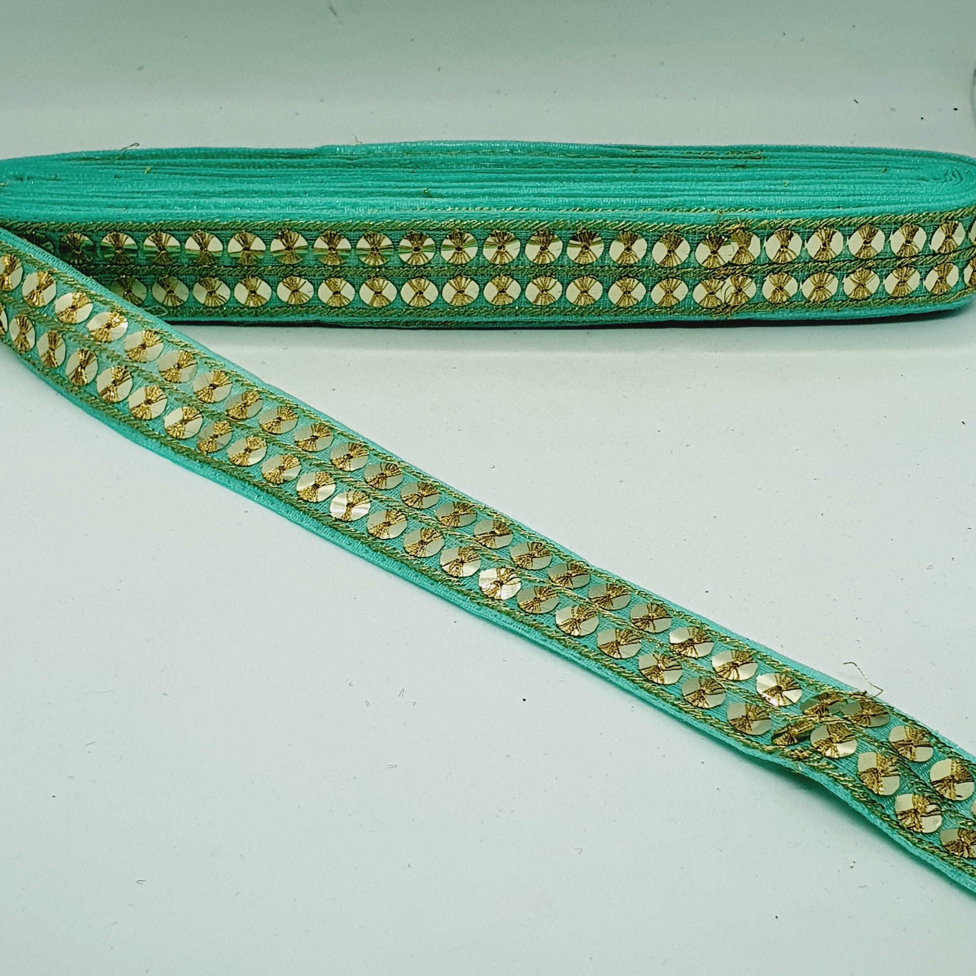 1m mint green gold sequin embroidered taffeta Indian ribbon 30mm