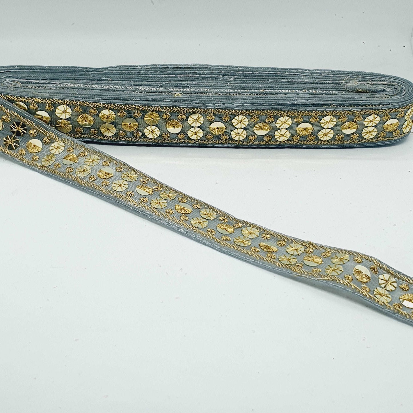 1m grey gold sequin embroidered taffeta Indian ribbon 30mm