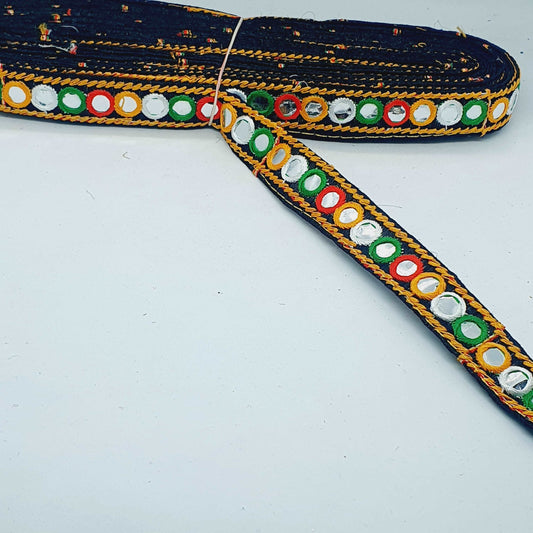 1m multicolour black sequin shisha mirror embroidered Indian ribbon 20mm