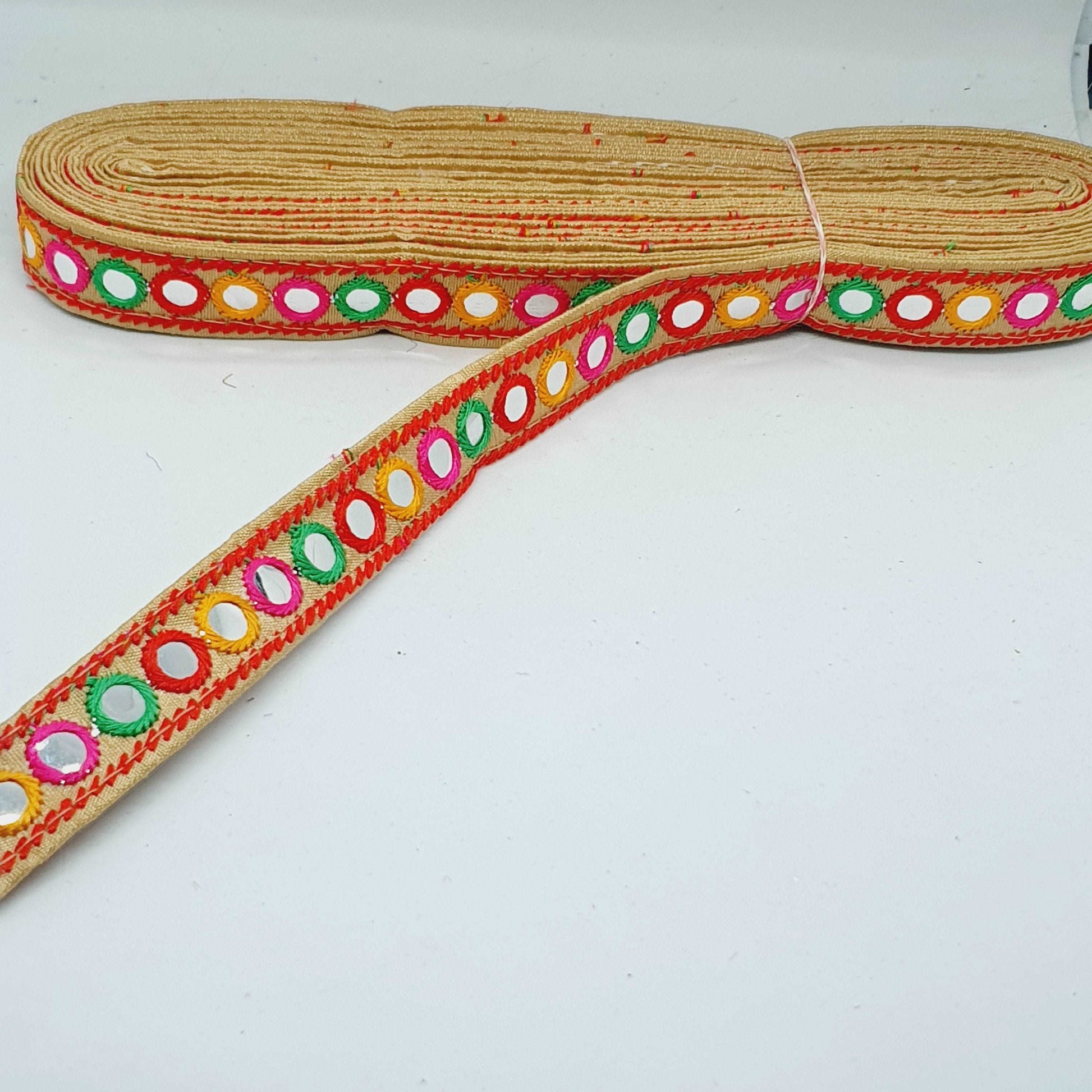 1m multicolour beige sequin shisha mirror embroidered Indian ribbon 20mm