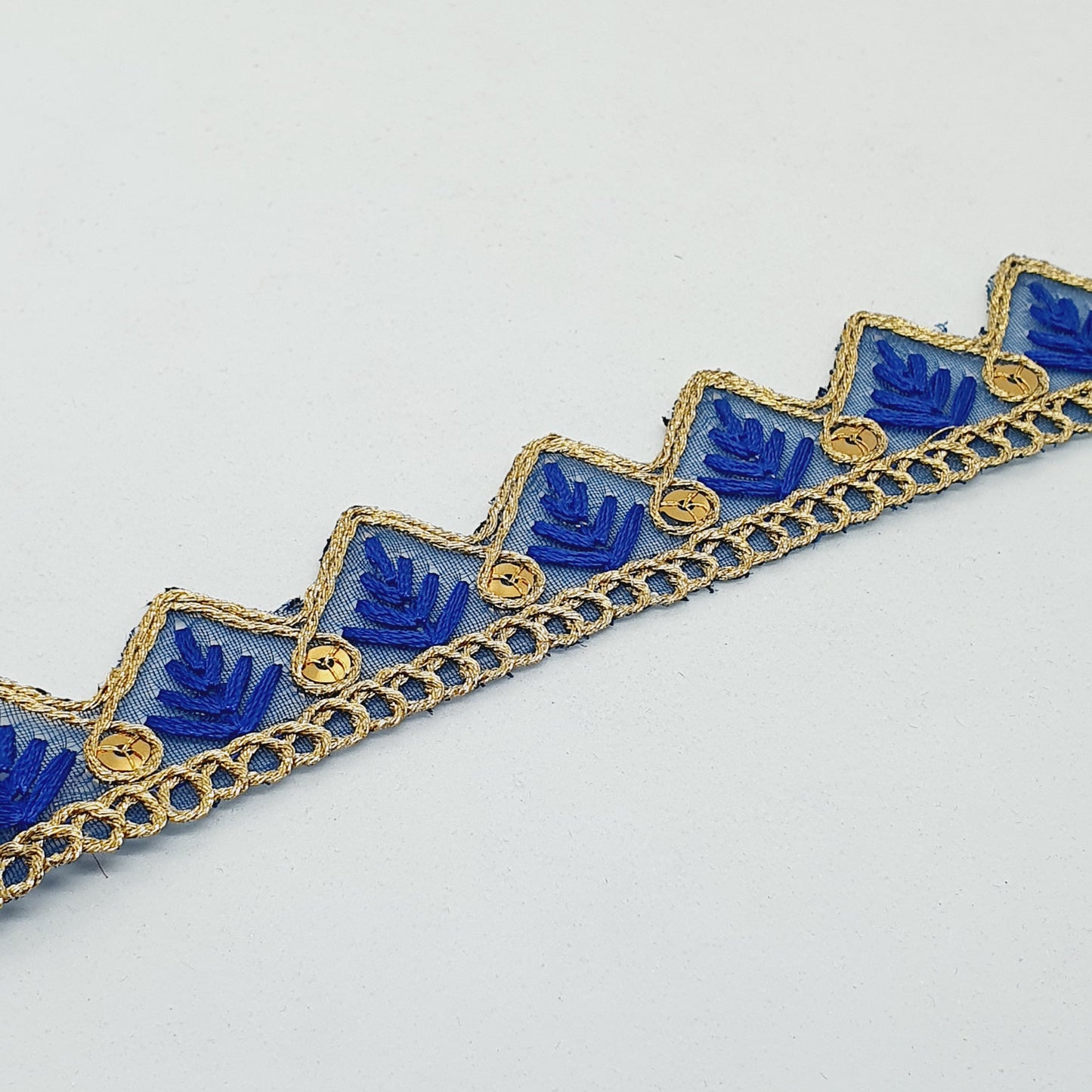 25mm gold and dark blue embroidered wave edge ribbon trim lace with sequins