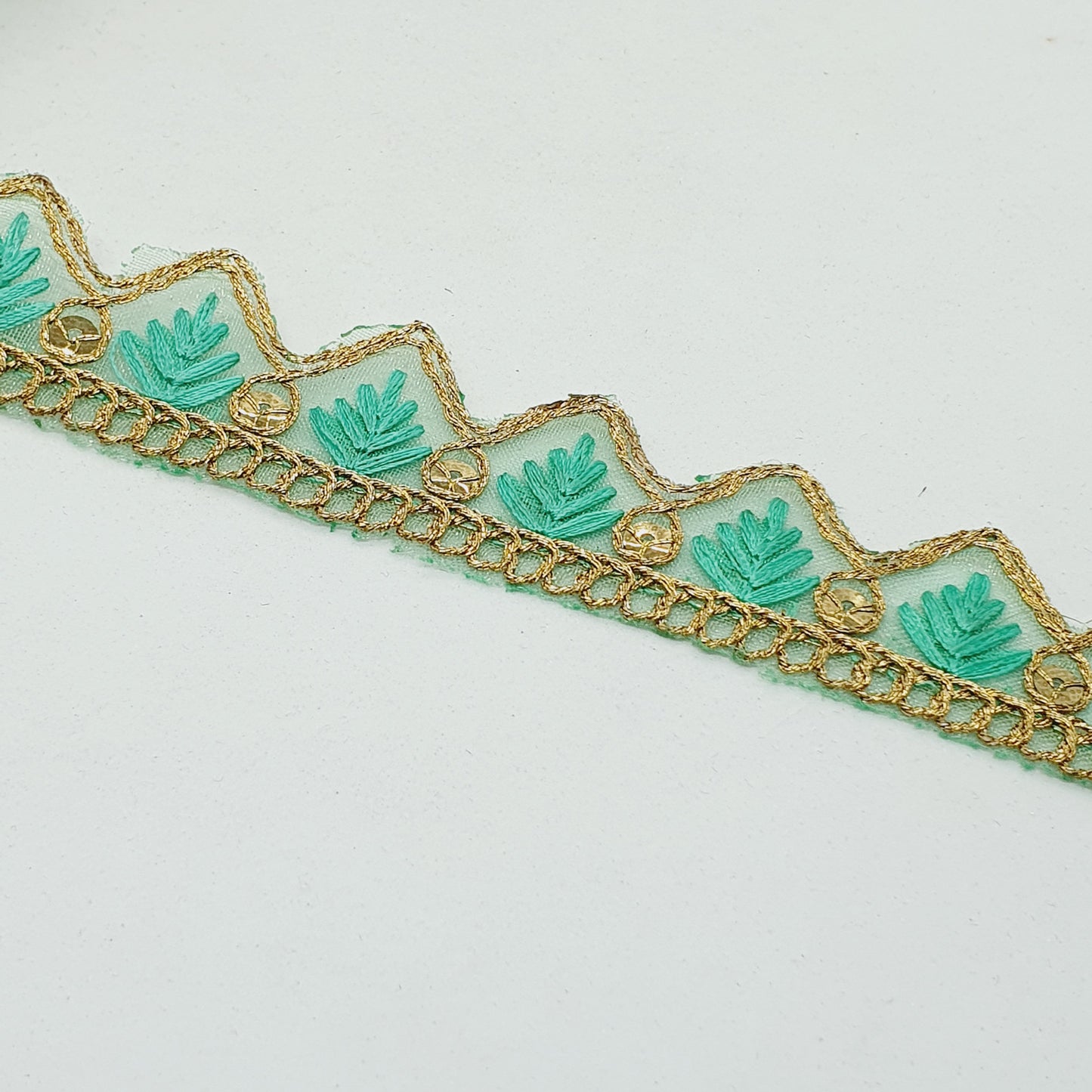 25mm gold and mint green embroidered wave edge ribbon trim lace with sequins