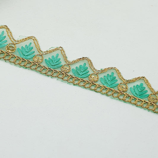 25mm gold and mint green embroidered wave edge ribbon trim lace with sequins