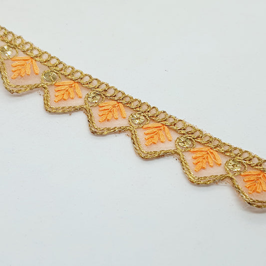 25mm gold and light orange embroidered wave edge ribbon trim lace with sequins