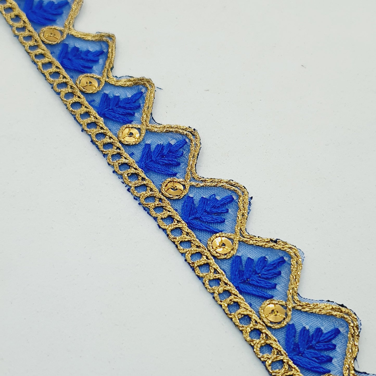 25mm gold and blue embroidered wave edge ribbon trim lace with sequins