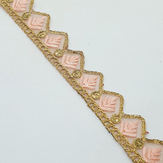 25mm gold and peach embroidered wave edge ribbon trim lace with sequins