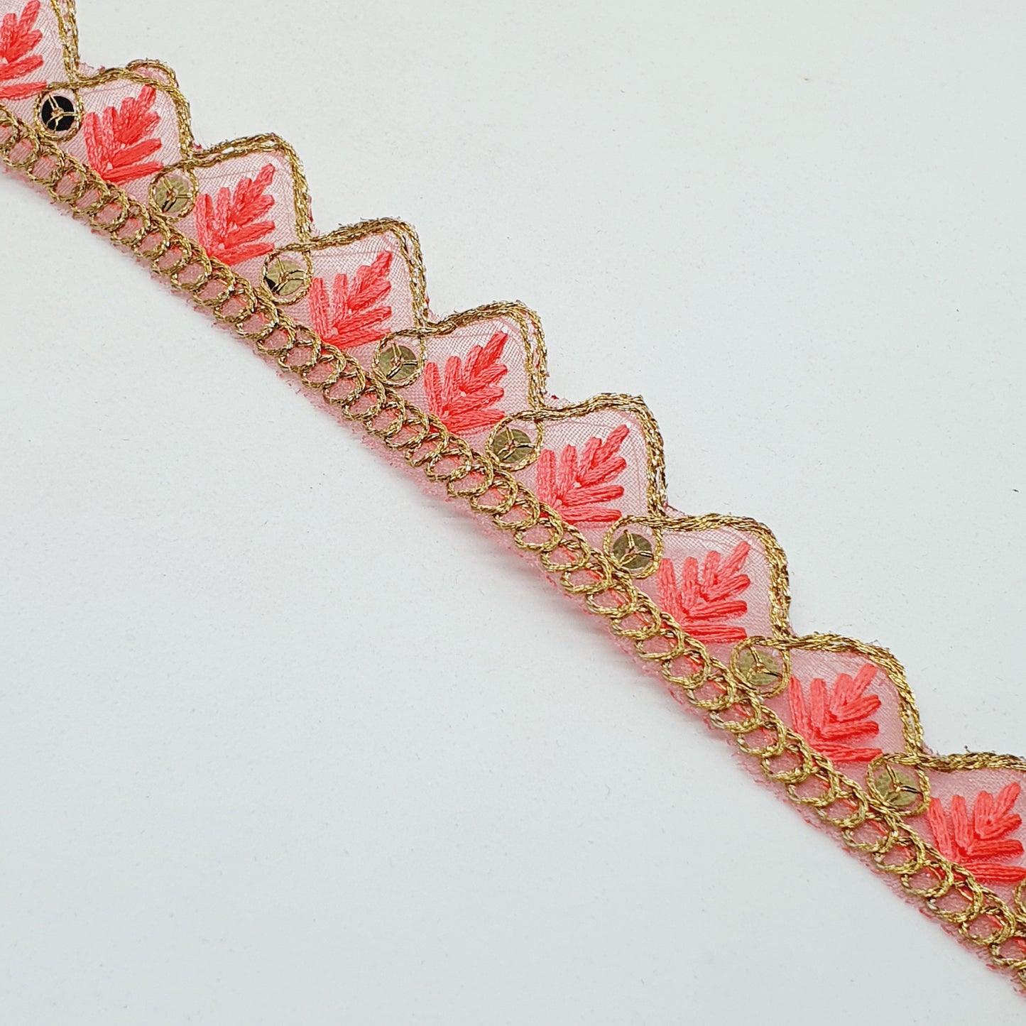 25mm gold and pink embroidered wave edge ribbon trim lace with sequins