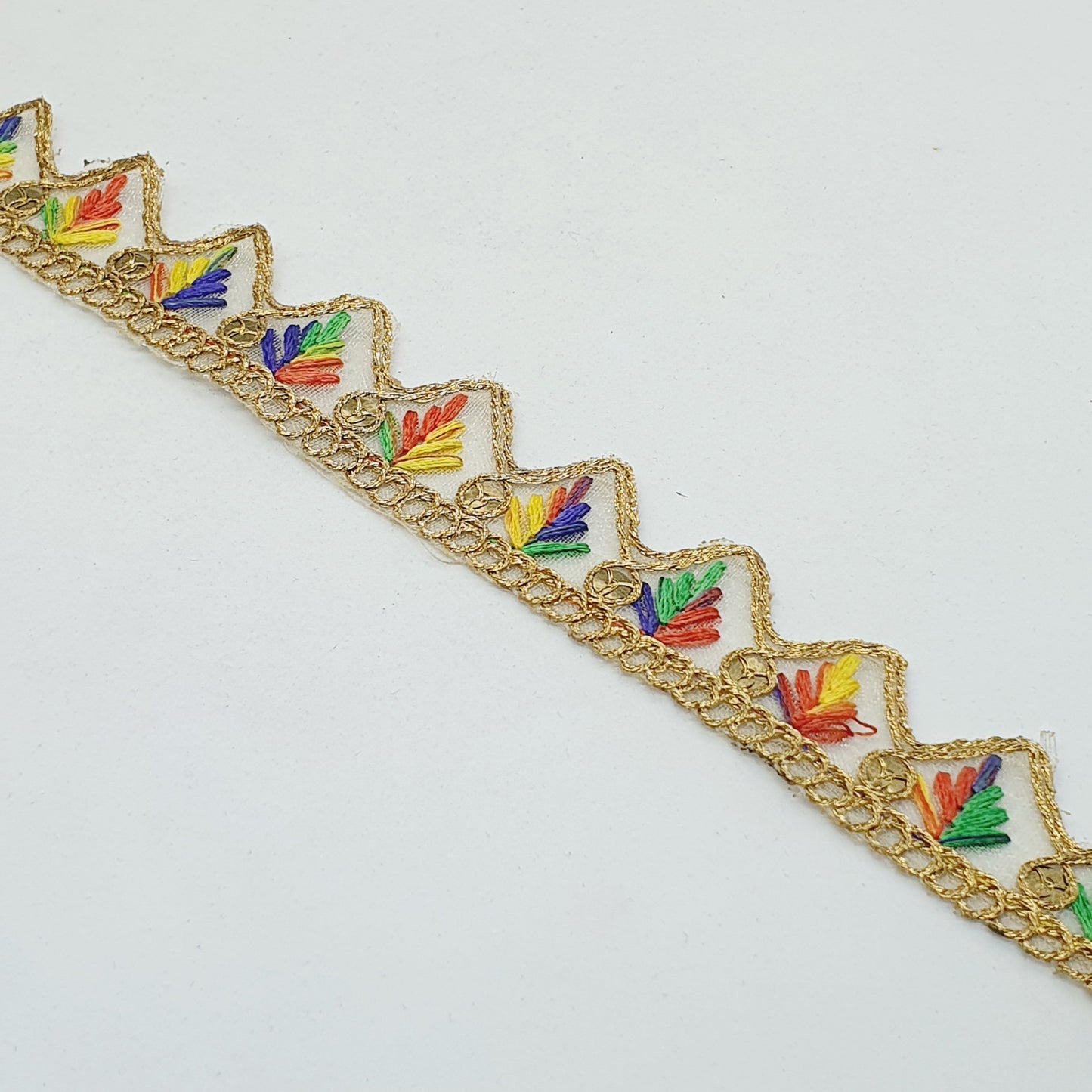 25mm gold and multicolour embroidered wave edge ribbon trim lace with sequins