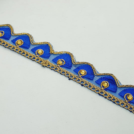 25mm gold and blue embroidered wave edge ribbon trim lace with crystals