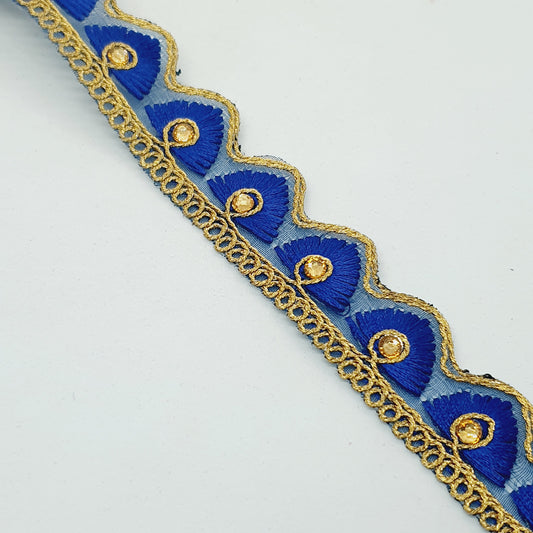 25mm gold and dark blue embroidered wave edge ribbon trim lace with crystals