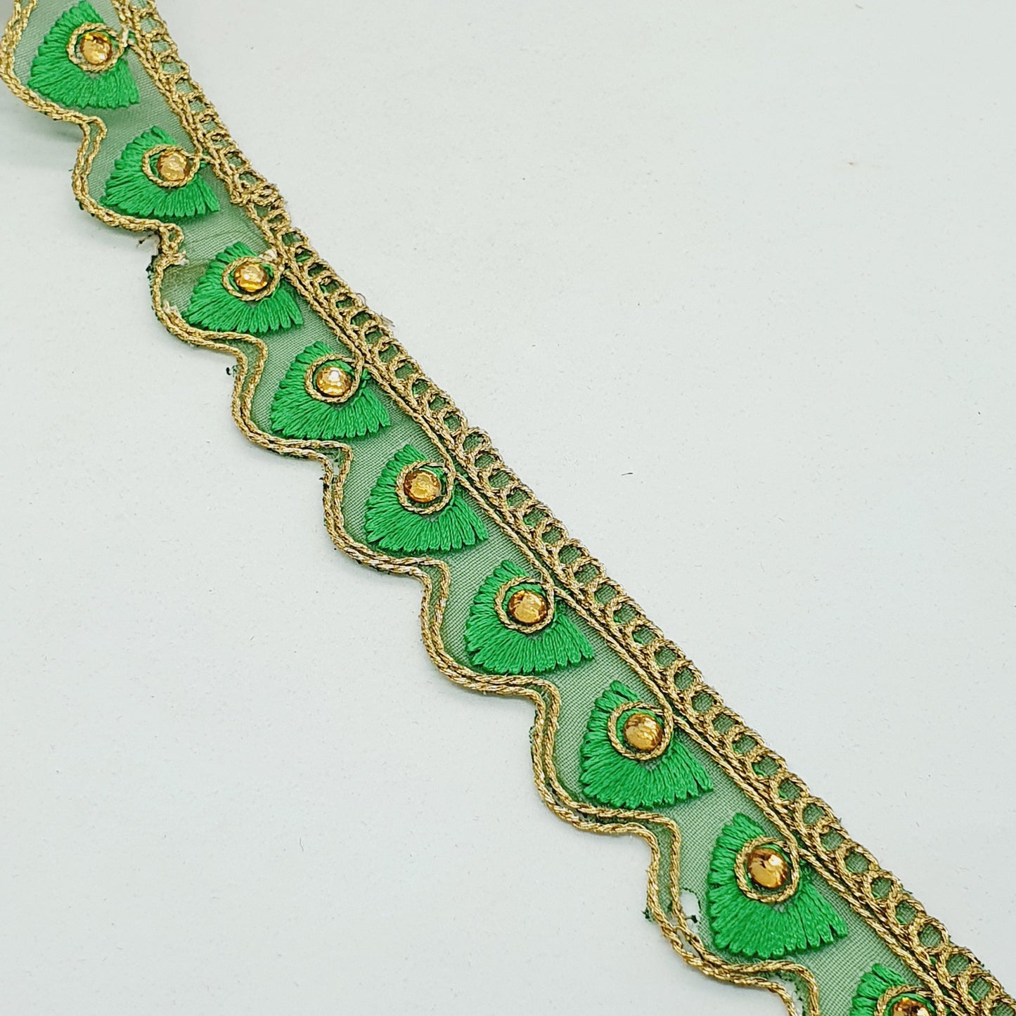 25mm gold and green embroidered wave edge ribbon trim lace with crystals