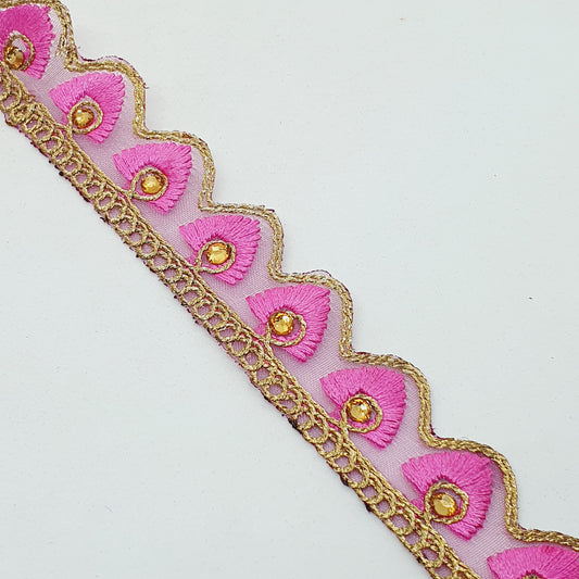 25mm gold and pink embroidered wave edge ribbon trim lace with crystals