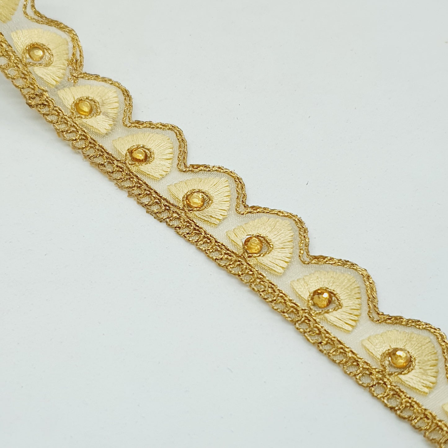 25mm gold and cream embroidered wave edge ribbon trim lace with crystals