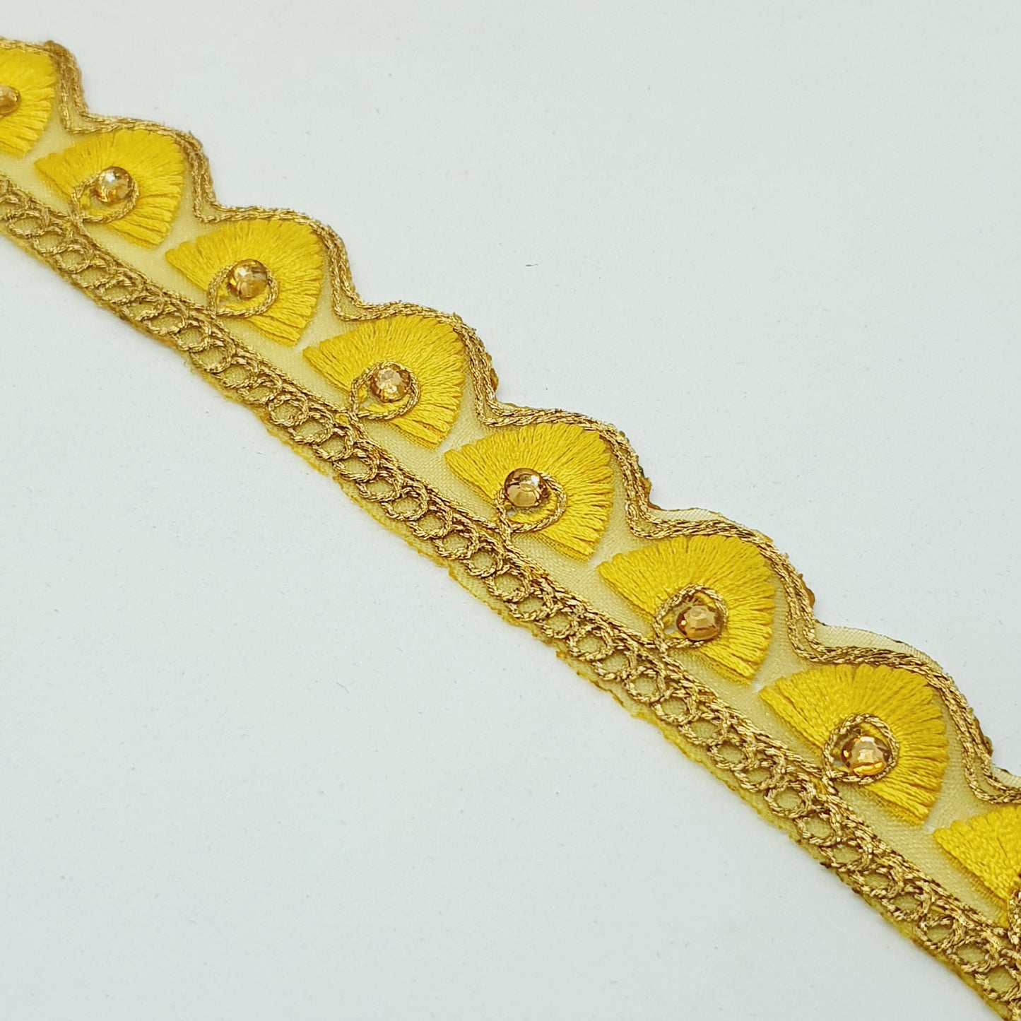 25mm gold and yellow embroidered wave edge ribbon trim lace with crystals