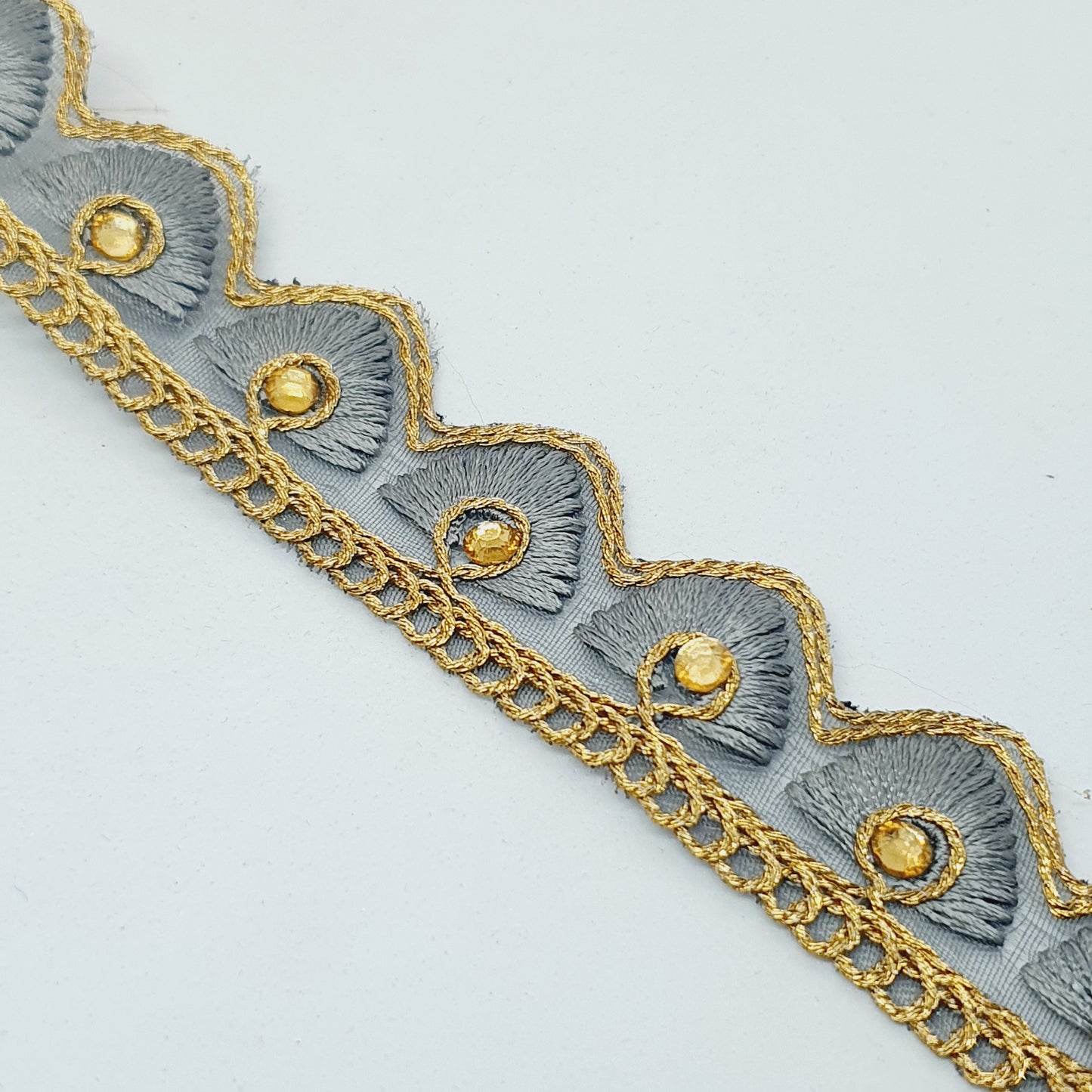 25mm gold and grey embroidered wave edge ribbon trim lace with crystals