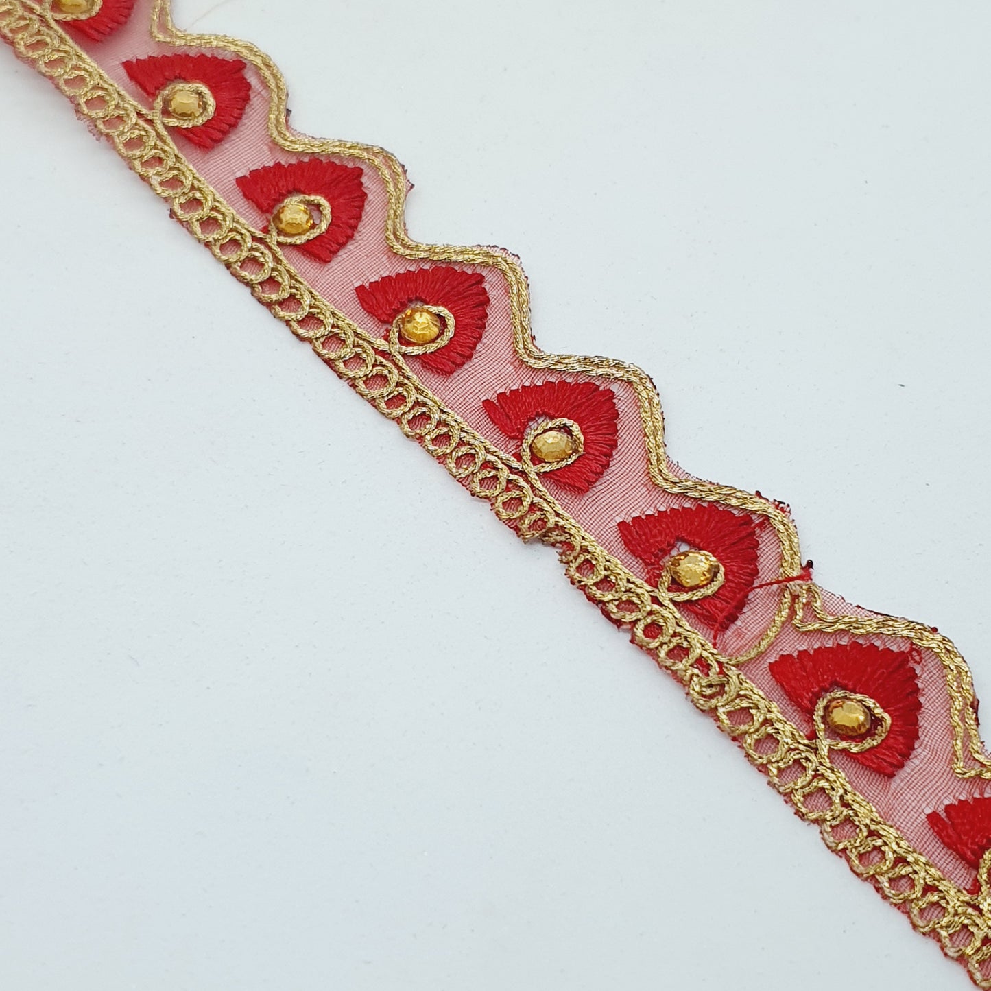 25mm gold and wine red embroidered wave edge ribbon trim lace with crystals