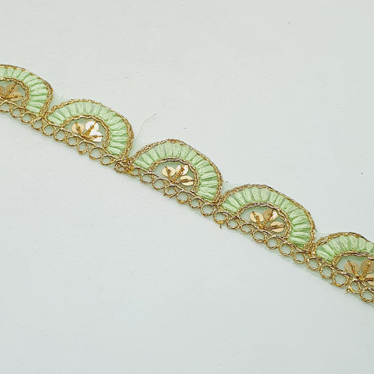 25mm gold and mint green embroidered scalloped edge ribbon trim lace with sequins