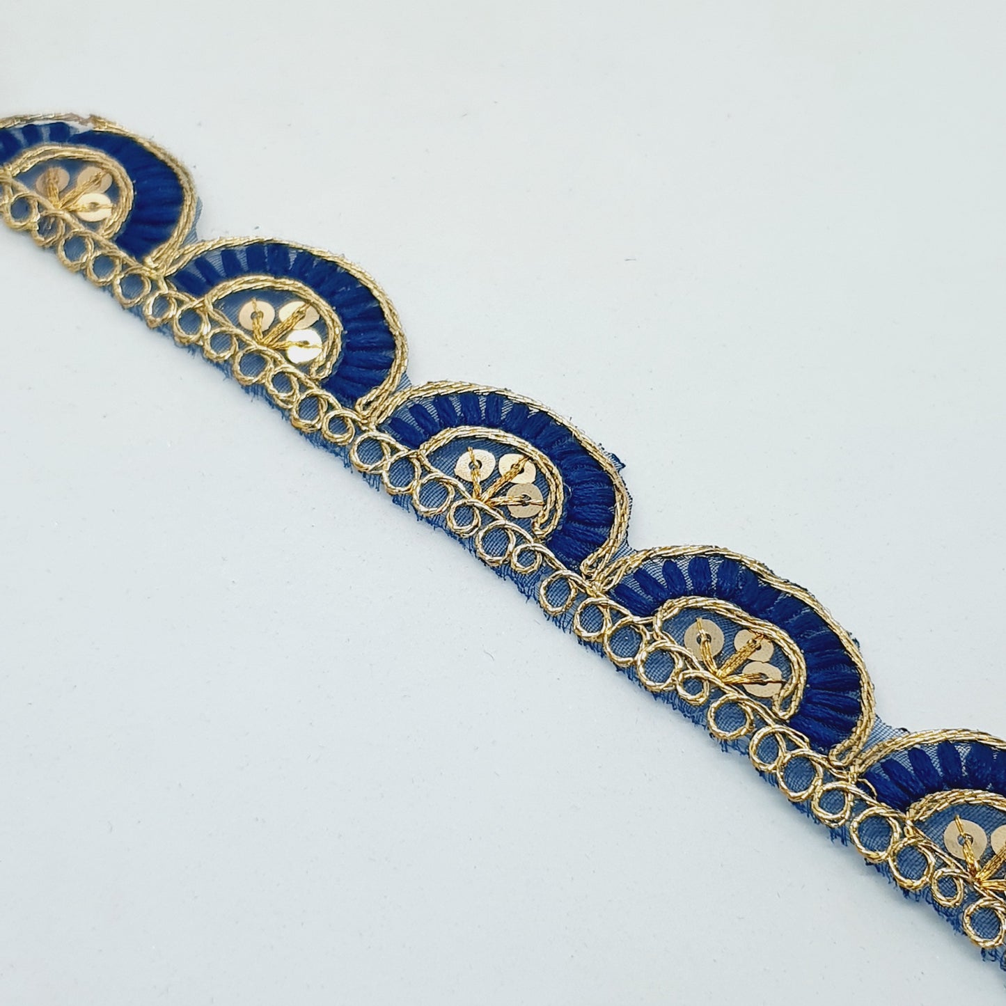 25mm gold and navy blue embroidered scalloped edge ribbon trim lace with sequins