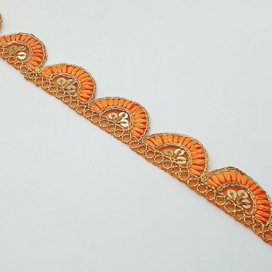 25mm gold and orange embroidered scalloped edge ribbon trim lace with sequins