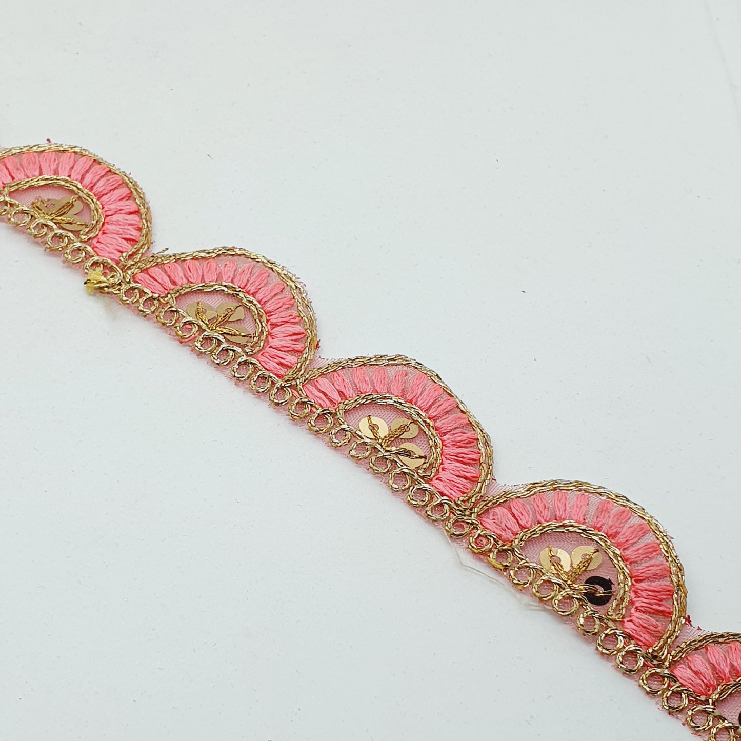 25mm gold and pink embroidered scalloped edge ribbon trim lace with sequins