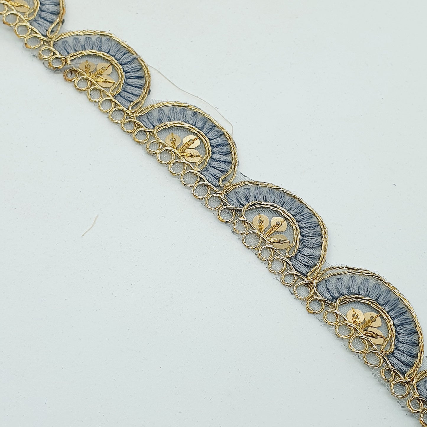 25mm gold and grey embroidered scalloped edge ribbon trim lace with sequins