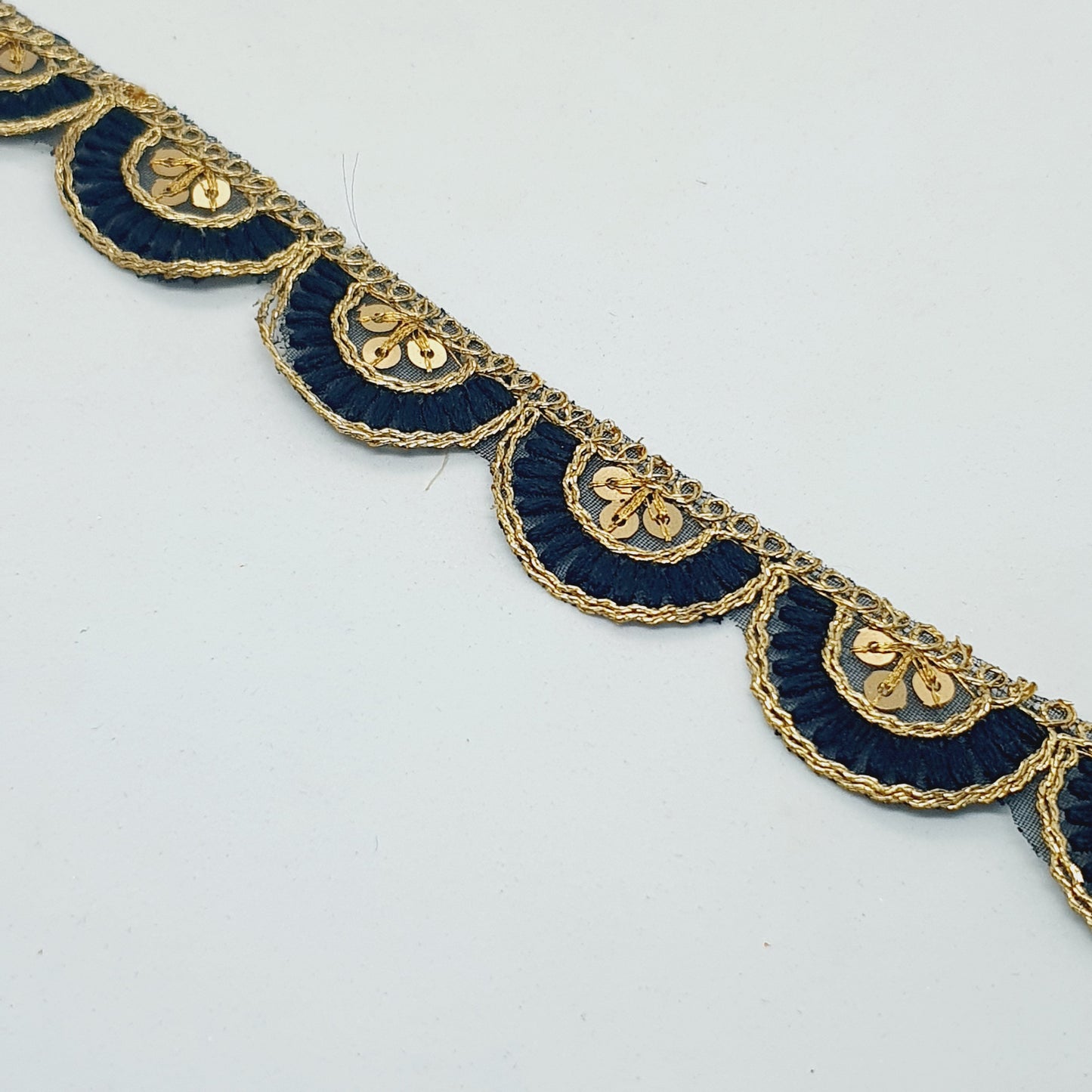 25mm gold and black embroidered scalloped edge ribbon trim lace with sequins