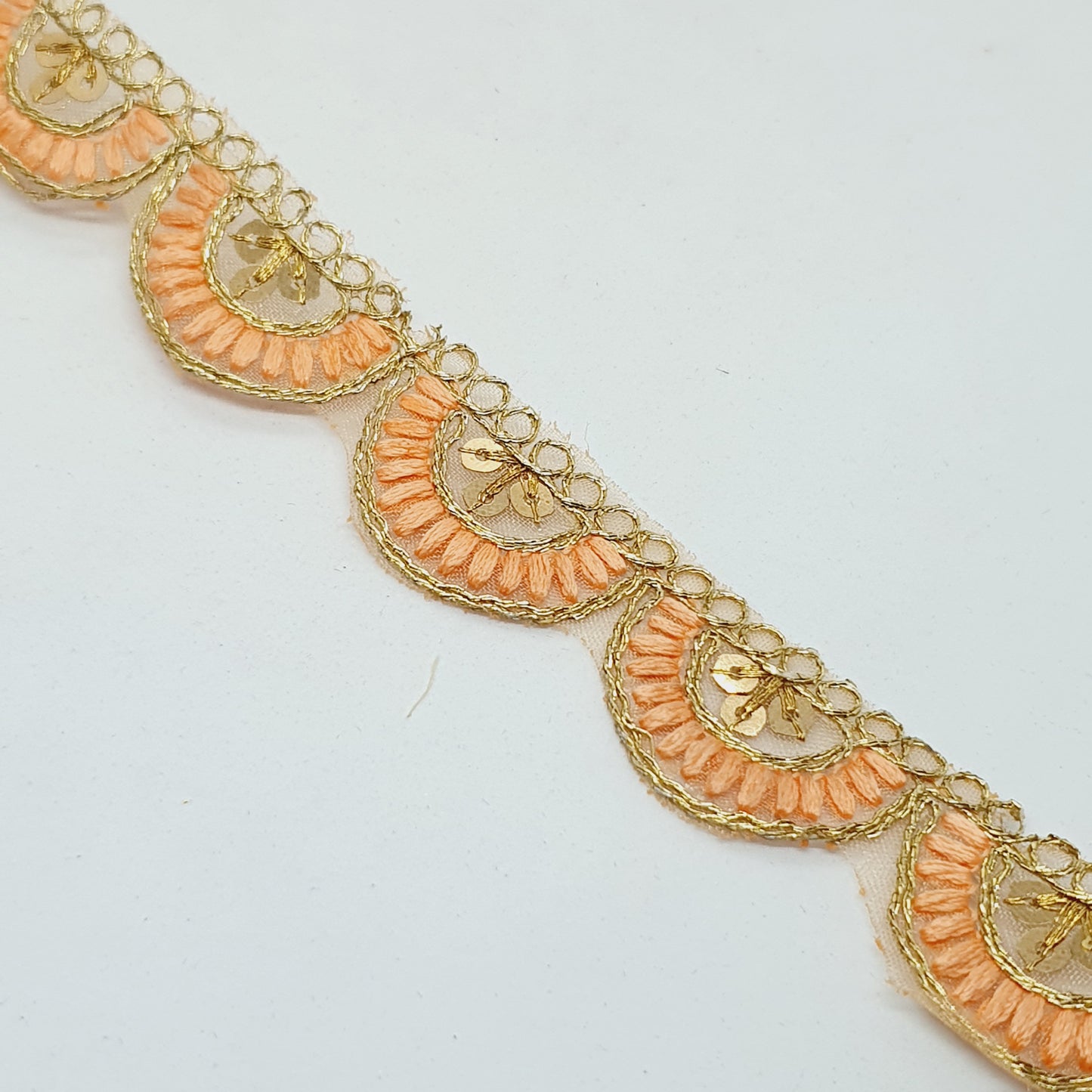 25mm gold and peach embroidered scalloped edge ribbon trim lace with sequins