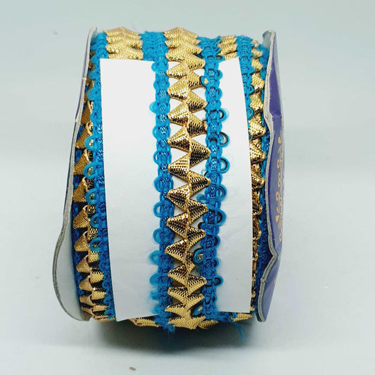 1m teal blue & gold metallic Indian trim ribbon braid 2cm