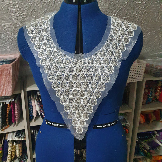 Silver beaded collar/ neckline/ yoke applique