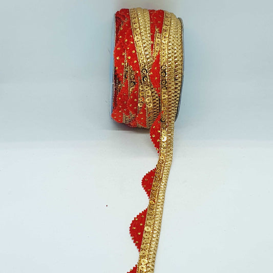 1m red velour &  gold sequin metallic trim scallop braid 2.5cm