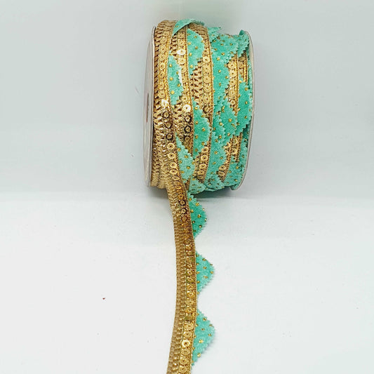 1m mint green velour &  gold sequin metallic trim scallop braid 2.5cm