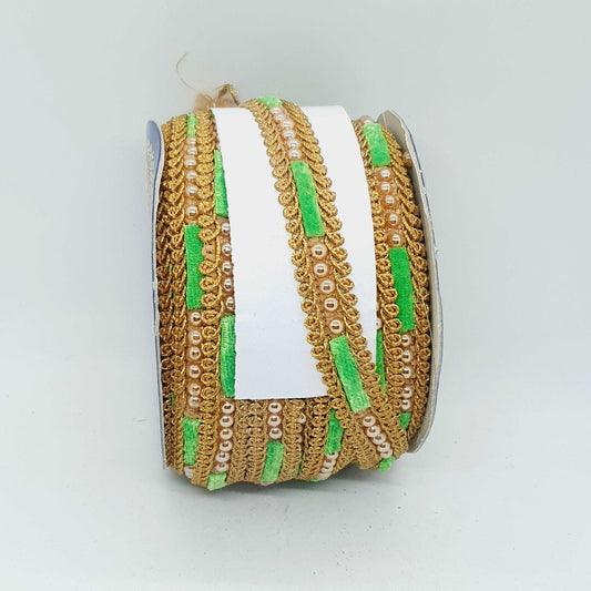 1m neon green gold pearl bead Indian trim braid ribbon 14mm