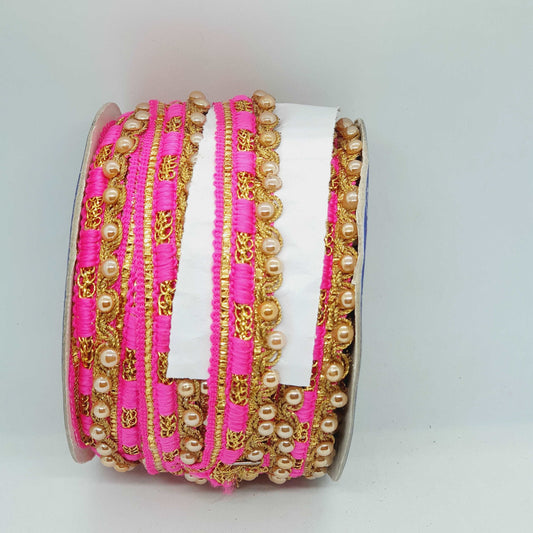 1m hot pink gold bead Indian trim braid ribbon 17mm