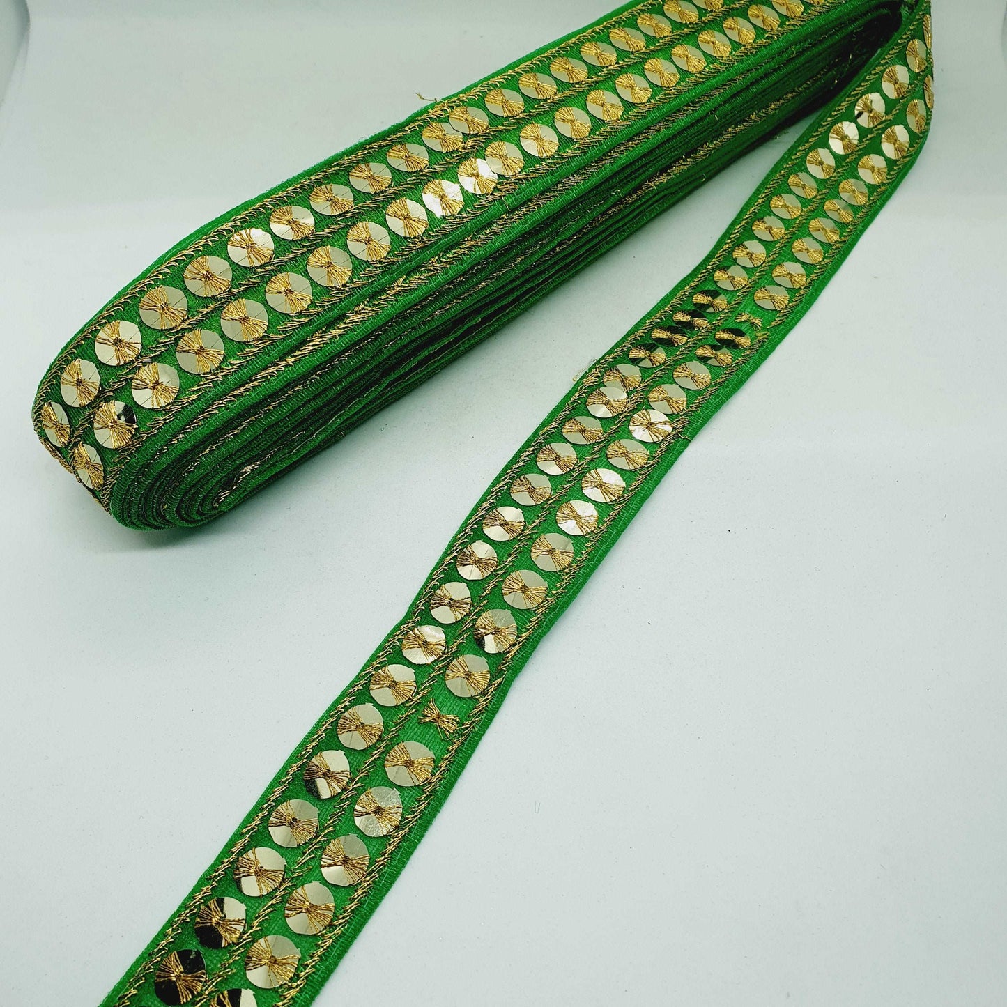 1m emerald green gold sequin embroidered taffeta Indian ribbon 30mm