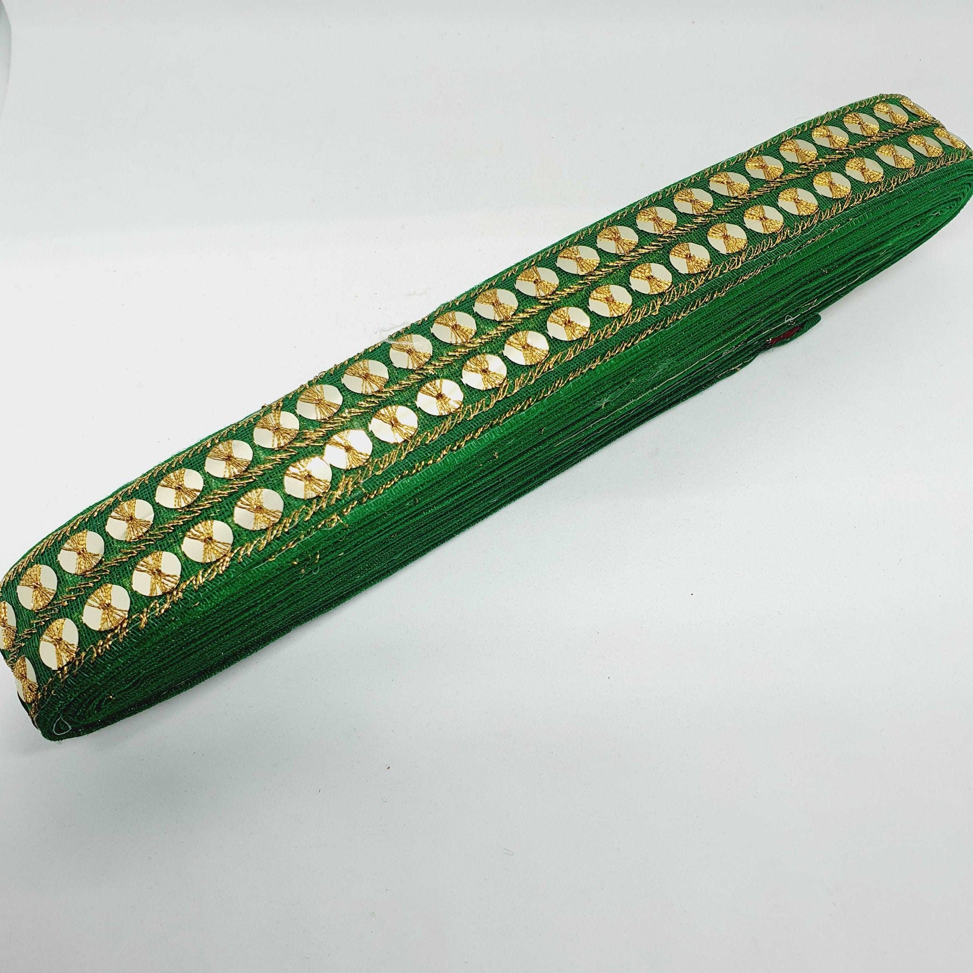 1m green gold sequin embroidered taffeta Indian ribbon 30mm