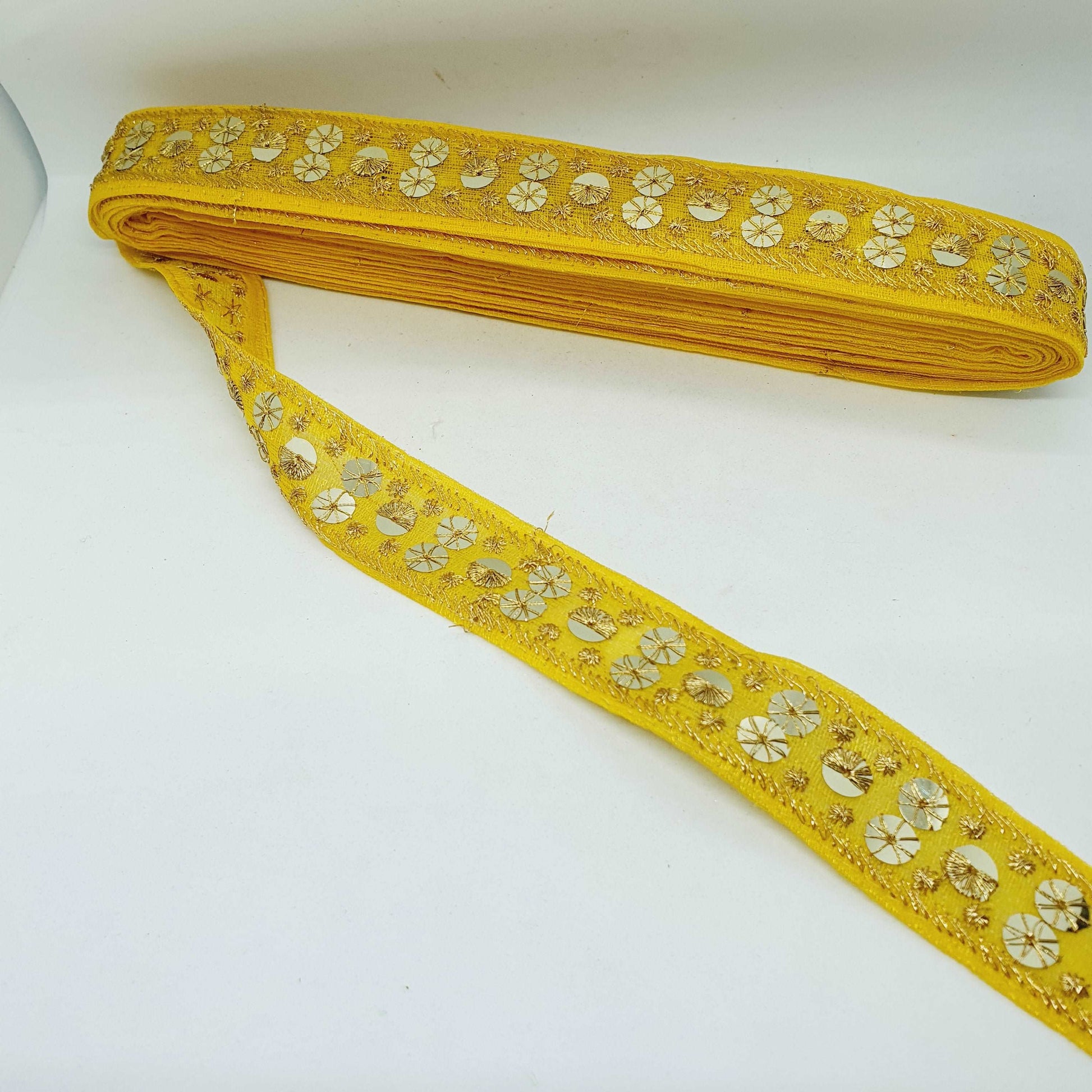 1m Sunflower yellow gold sequin embroidered taffeta Indian ribbon 30mm