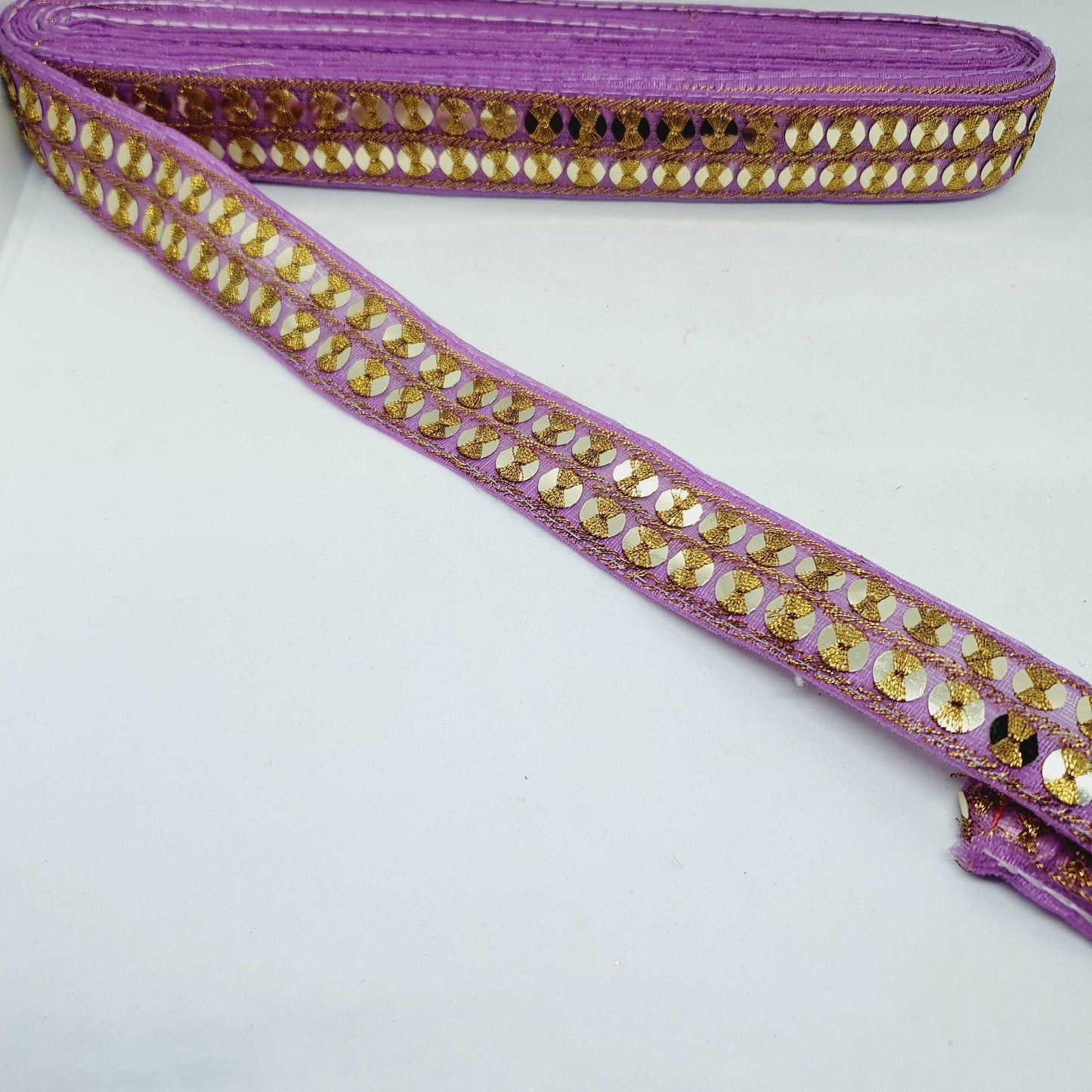 1m lilac gold sequin embroidered taffeta Indian ribbon 30mm