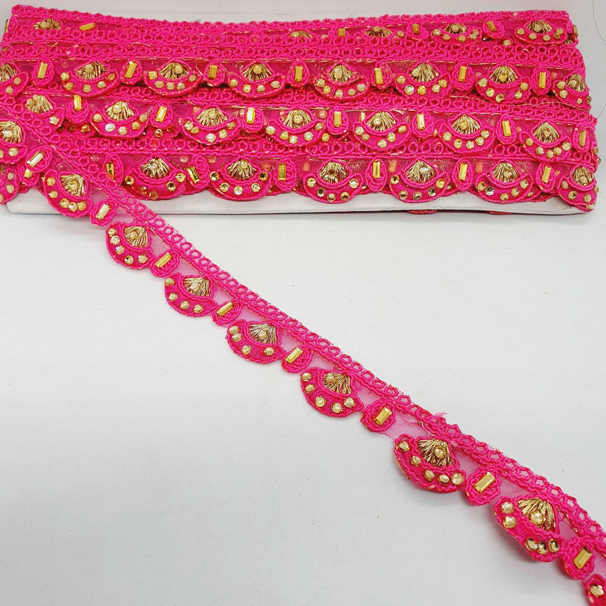 1m 25mm pink guipure embroidered lace trimming with gold crystals