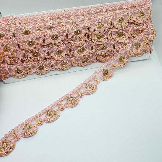 1m 25mm light pink guipure embroidered lace trimming with gold crystals