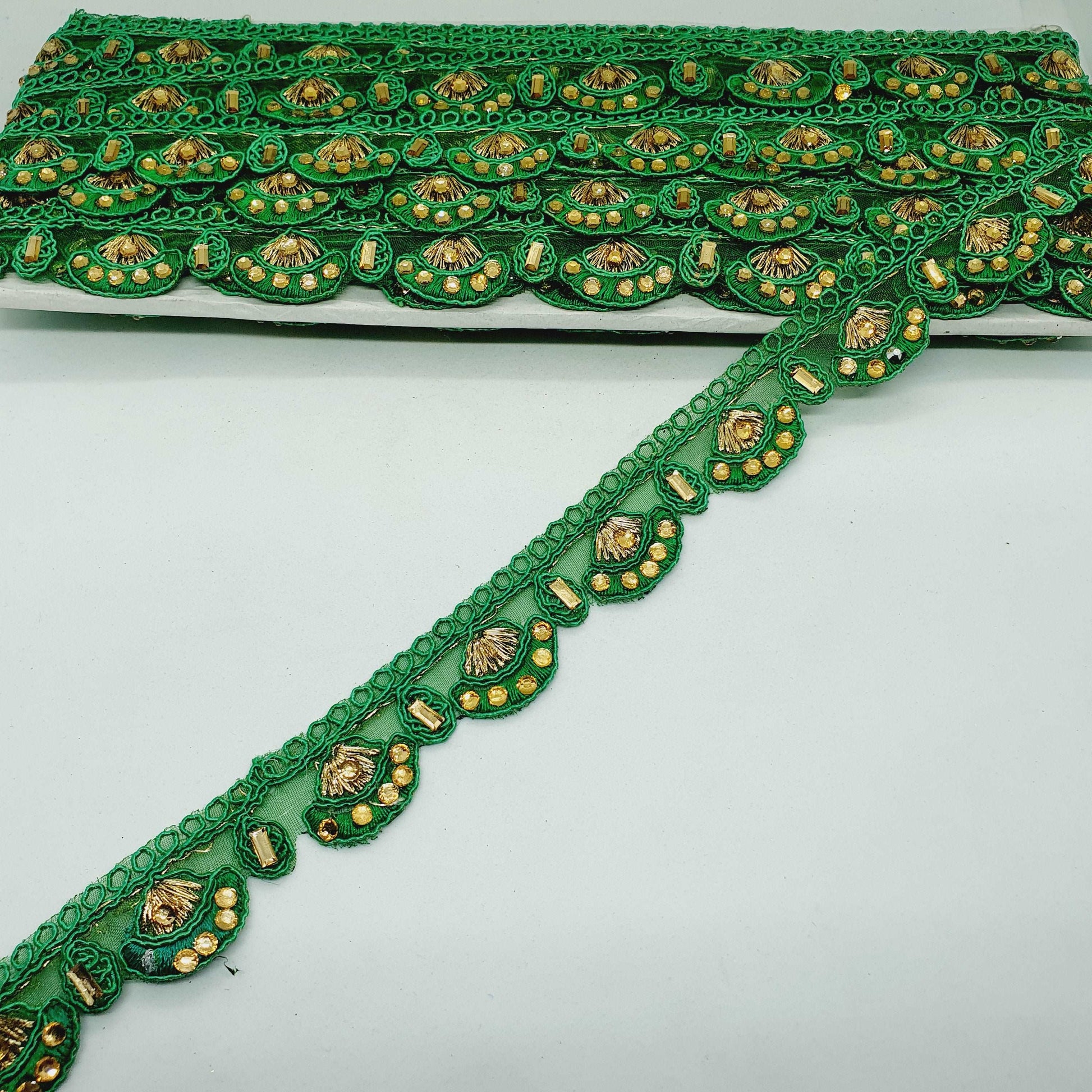 1m 25mm green guipure embroidered lace trimming with gold crystals