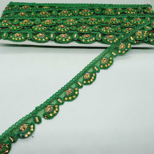 1m 25mm green guipure embroidered lace trimming with gold crystals