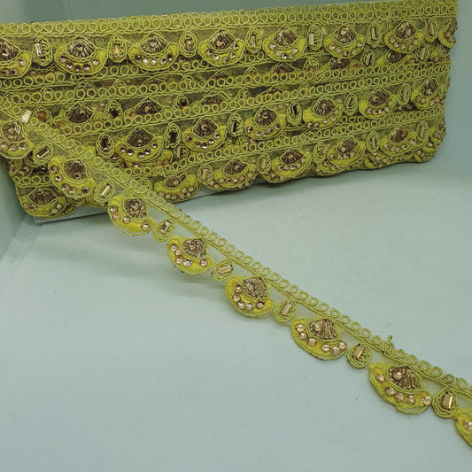 1m 25mm yellow guipure embroidered lace trimming with gold crystals