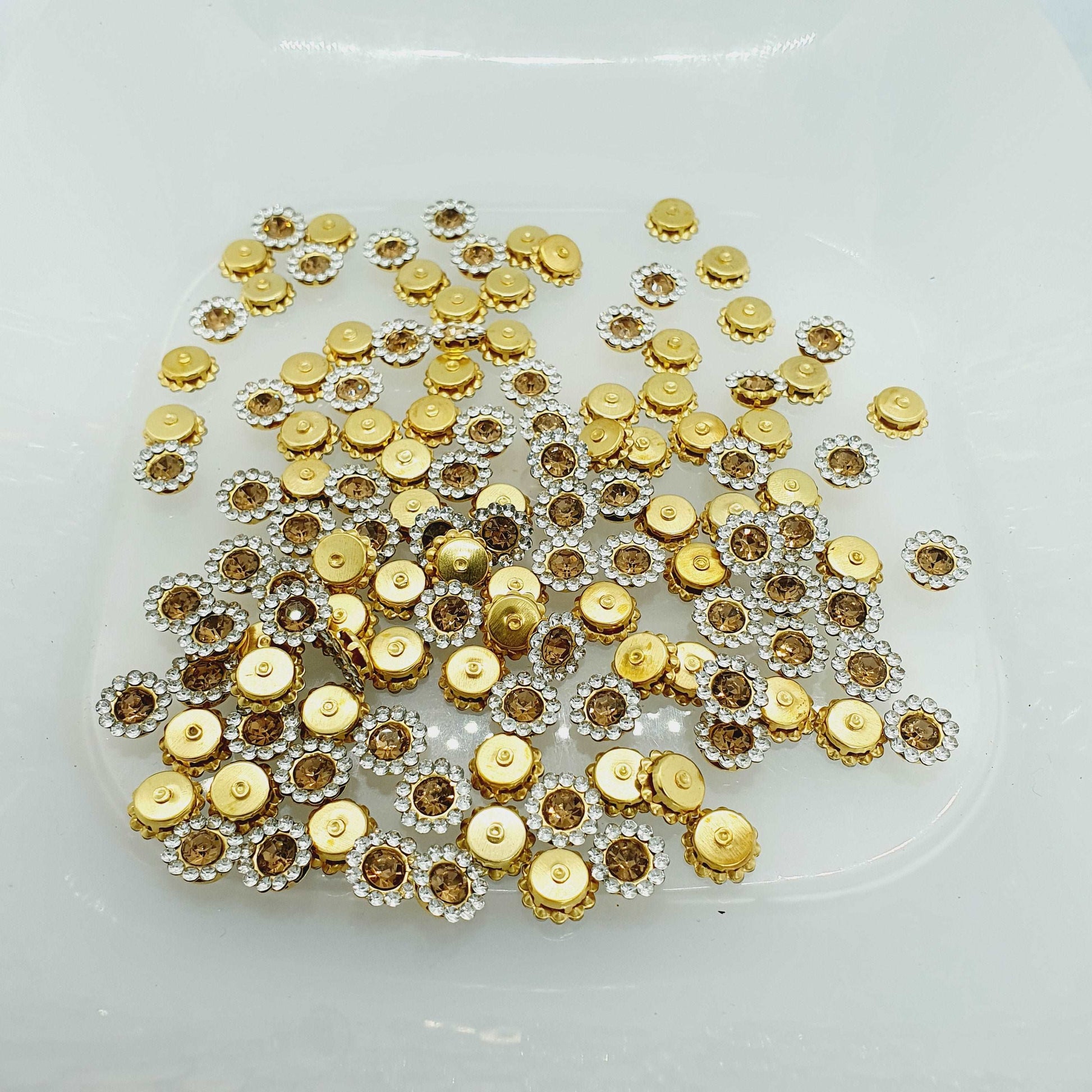 10x 8mm clear & gold topaz crystal gem sew on jewel rhinestone button