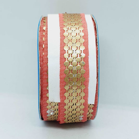 1m 20mm salmon peach gold print embroidered ribbon