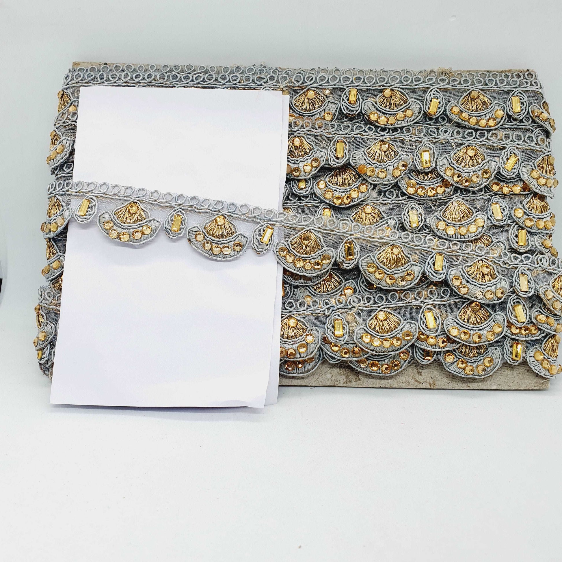 1m 25mm grey guipure embroidered lace trimming with gold crystals